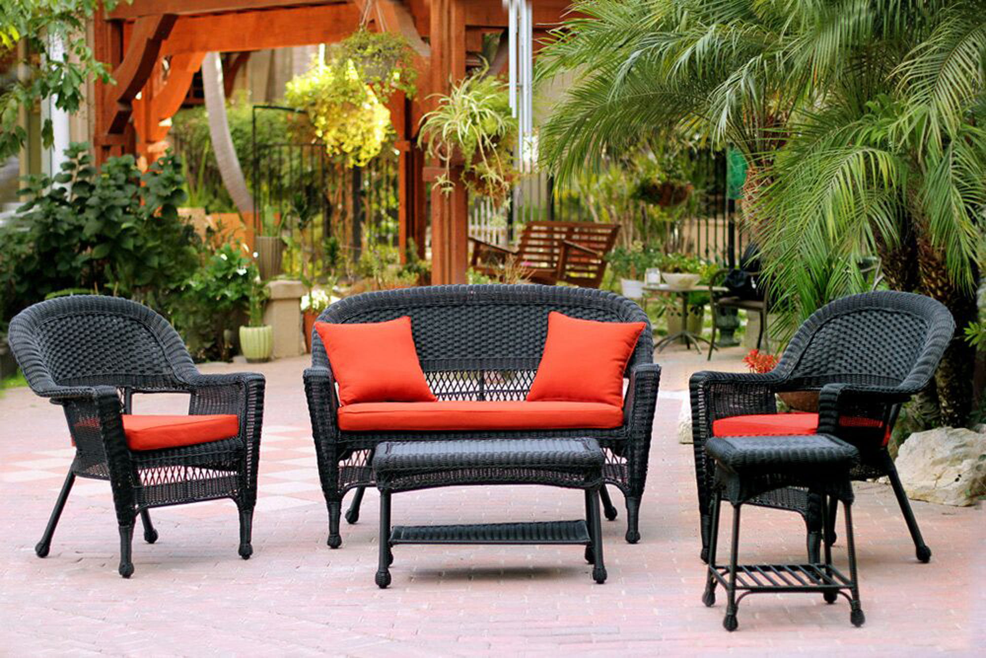 5-piece black resin wicker patio chair, loveseat & table furniture set