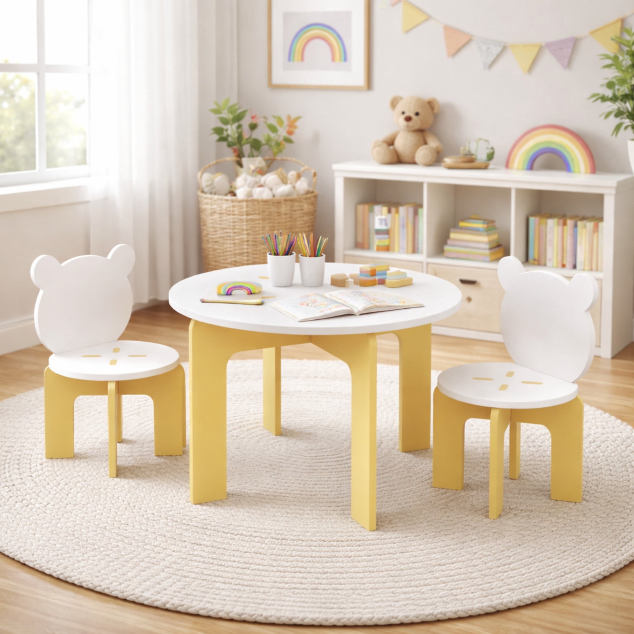 Noble House Kids Table and 2 Bear Chairs Set, 3-Piece Wooden Toddler Activity Table with Chairs, White and Yellow