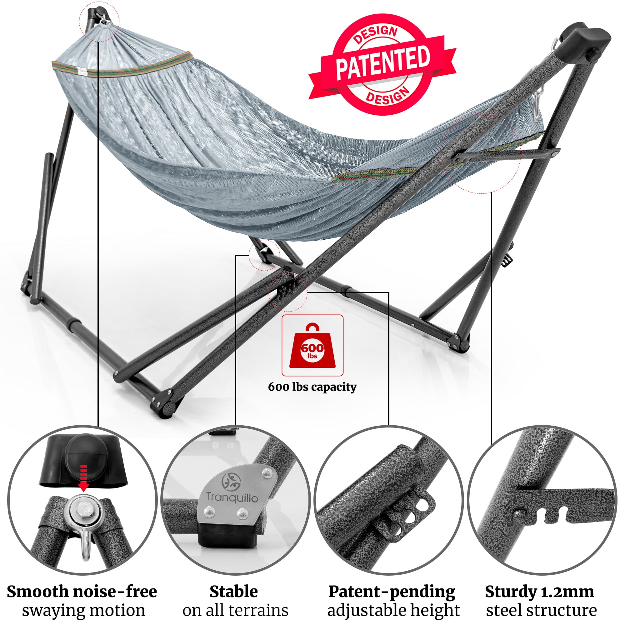 Tranquillo 600lb Capacity 2 Persons 2 Hammocks Included/Foldable Portable Hammocks with Stand, Tree Straps, Carry Bags for Garden Camping, Grey