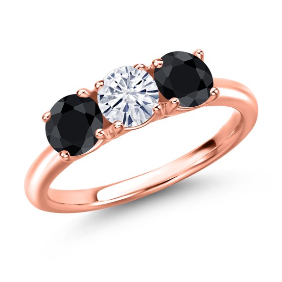 Gem Stone King 18K Rose Gold Plated Silver White Moissanite and Black Sapphire Engagement Ring for Women | 1.88 Cttw | Round 5MM | Gemstone Birthstone | Size 6