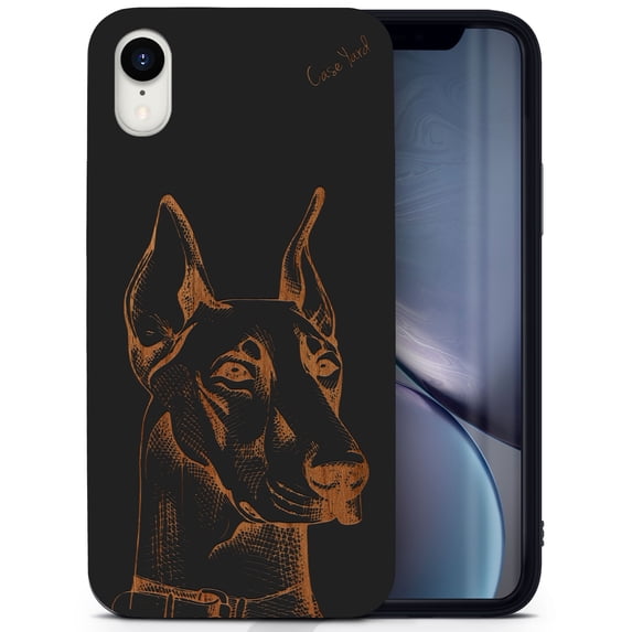 Wood phone case for iPhone XR compatible protective cell phone cover shockproof slim fit laser engraved Doberman design Black wood case for Men & Women by CaseYard