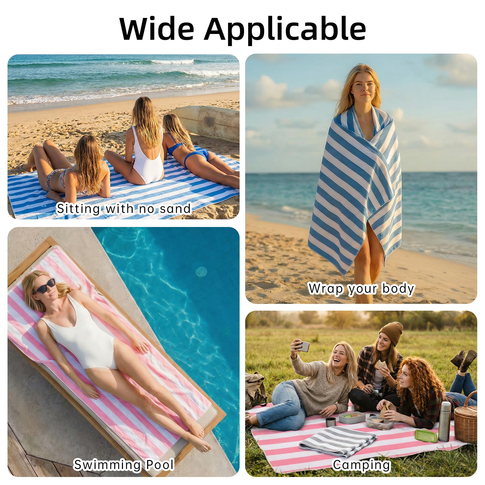 JOYMOOP Beach Towel with Travel Storage Bag-3 PCS, 69.3” x 34.6” 100% Polyester Fiber Highly Absorbent Bath Towels for Beach, Quick Dry Sand Free Lightweight Towels, Blue & White