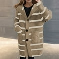 thumbnail image 2 of Women's Sweaters Trendy Fall Winter Striped Knit Long Cardigan Hooded Blouses for Women,Khaki,L, 2 of 4
