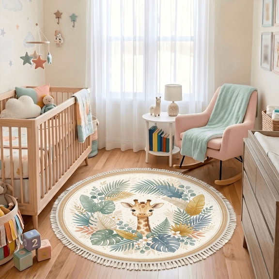 Washable Non Slip 3ft Round Rug, Adorable Giraffe Surrounded by Circle Area Rugs with Tassels Carpet for Nursery Bedroom Living Room Playroom Tent Rug