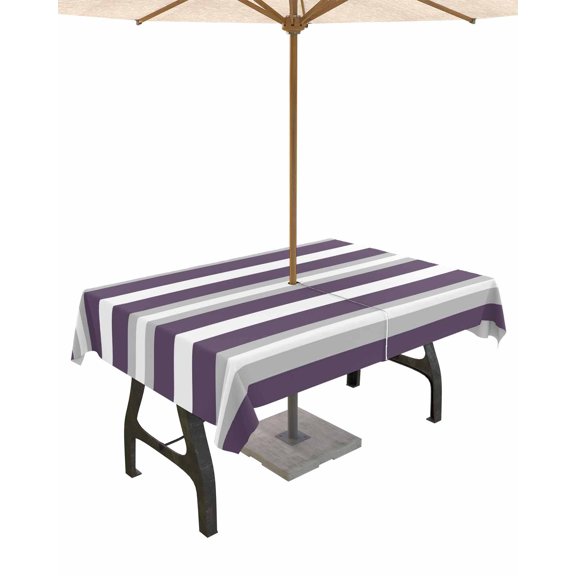 nqOlkjepod Purple Grey Stripe Outdoor Tablecloth with Umbrella Hole & Zipper, Minimalist Farmhouse Striped Rectangle Table Cover 60x84 Inch, Dining Waterproof Table Cloth Protector for Patio/Party