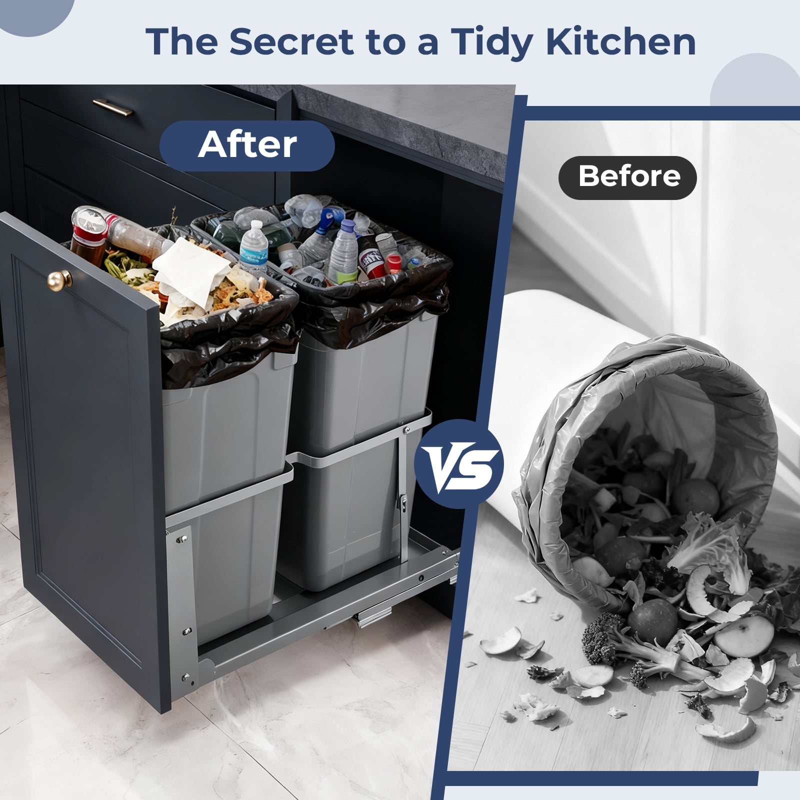 FOHERE Pullout Trash Cans for Under Kitchen Cabinets, 35*2 Quart with Soft-Close Slides, Heavy Duty Garbage Recycling Bin for Kitchen Cabinet