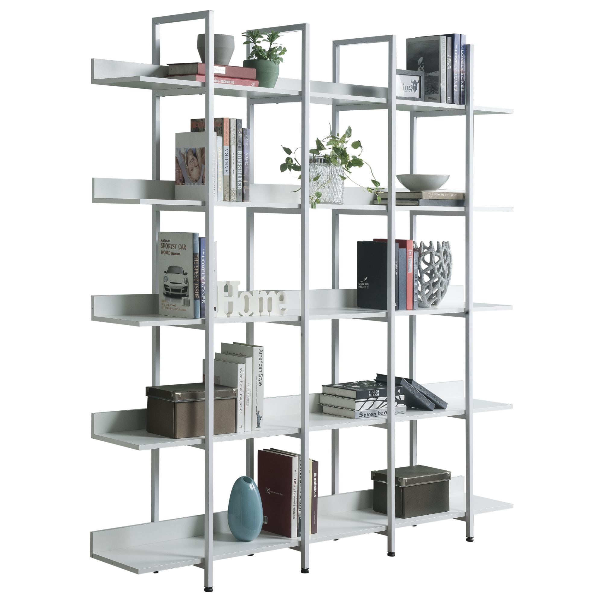 Aukfa 5 Tier Bookshelf, Industrial 70.87" Bookcase with Metal Frame - White
