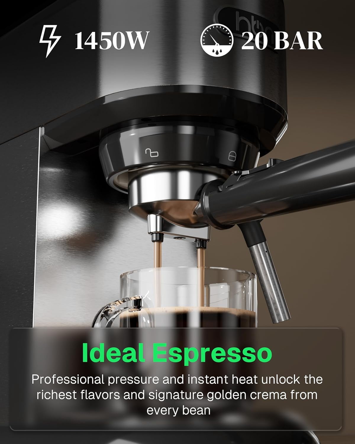 HBN Semi Automatic 20 Bar Espresso Machine with Steam Wand, Stainless Steel Coffee Maker for Cappuccino/Latte/Mocha,1450W