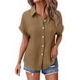 thumbnail image 6 of Pxiakgy Women Linen Button Down Shirt Rolled Cuffed Short Sleeve Blouse Ladies Summer Casual V Neck Beach Double Layer Wrinkled Fabric Tops Batwing Sleeve Pocket Patched Shirt Coffee Xxl, 6 of 7