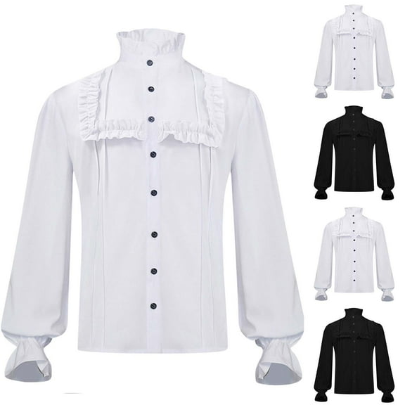 BiZtdJrK Mens Gothic Pirate Shirts Ruffle Victorian Renaissance Long Sleeve Shirts Steampunk Medieval Costume Slim Fit Zip Up Blouse Tops Back to College Sale Black M