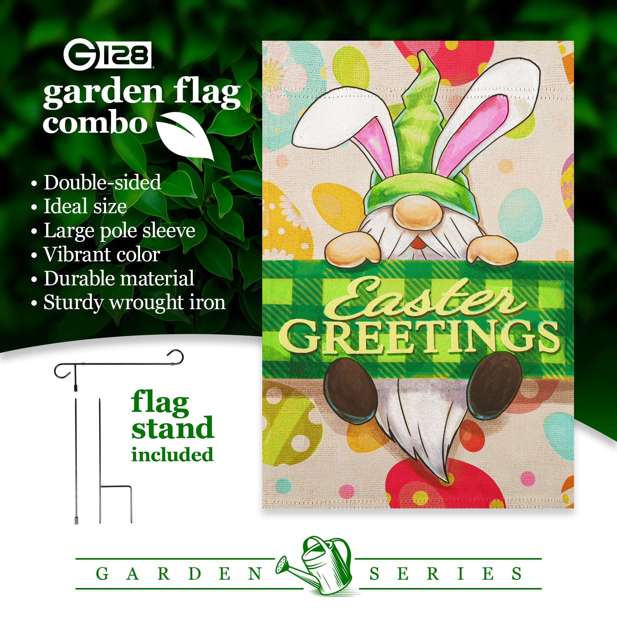 G128 2sets: 36"x16" Flag Stand & 12"x18" Gnome Greetings Double Sided Easter Garden Flag Decoration