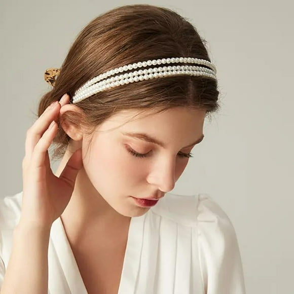 Woeilo Pearl Headbands Thin Simple Hair Band Layered Hair Piece 3 Layered Head Band White Women Hair Accessories for Party and Daily White