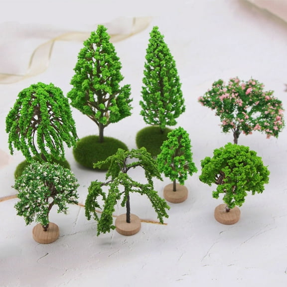 FRCOLOR 8Pcs Green Wooden Plastic Miniature Scenery Model Trees for Landscape Modeling and Dioramas