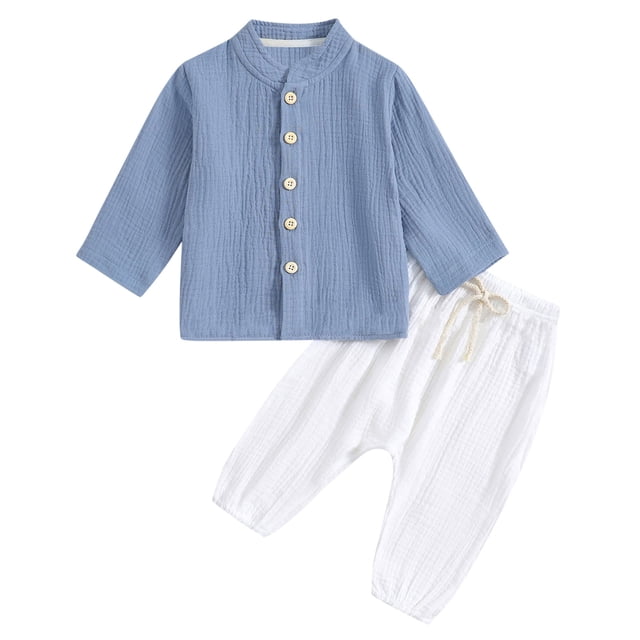 Tranfacy Tenues pour Garçons Automne Hiver Couleur Unie Manches Longues Col Rond Chemise Boutonnée et Pantalon Ensemble 2 Pcs Vêtements Décontractés pour Garçons