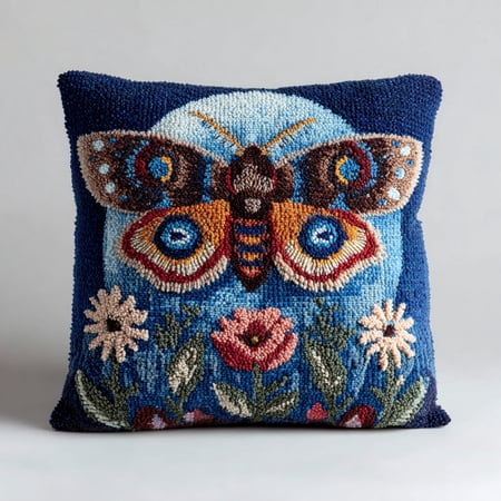 Latch Hook Pillow Kit Beautiful Moth Portrait Surrounded By Flowers with Pre-Printed Pillow Cover DIY Pillowcase Crochet Yarn Hooking Craft Set for Hobby and Home Decor 43x43cm-43
