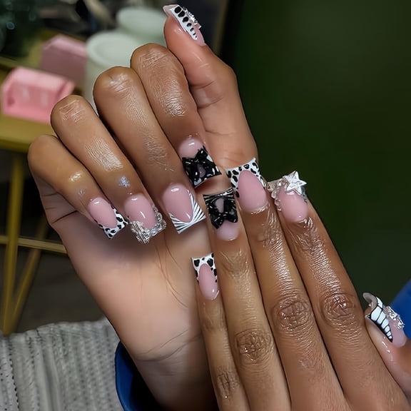 RAGUPEL Short Press on Nails - Square Fake Nails with Bow Star Charms Design - French Tip False Nails Stick on - for Women 24 Pcs French Tip Nail Art Supplies