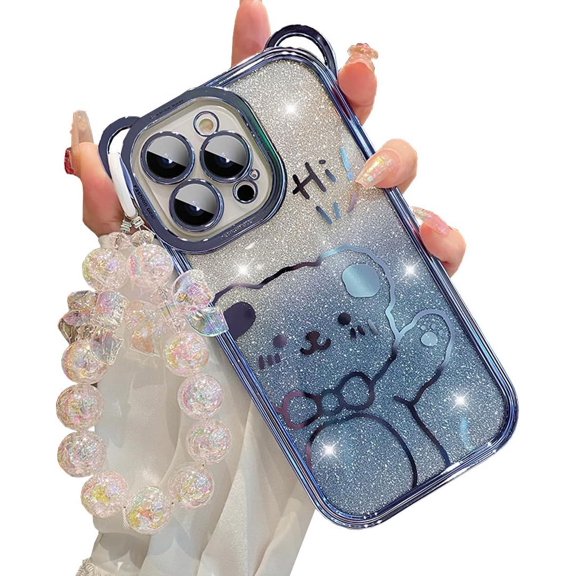 Cute Case for iPhone 13 Pro Max,Bear Pattern Case with Butterfly Pearl Wrist Chain for Women/Girls Gift, Removable Glitter Papper Soft TPU Shockproof Cover 6.7 Inch