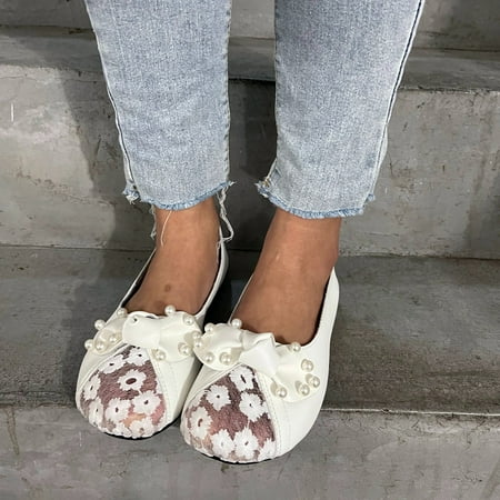 

Christmas Pearl Flower Women Casual Shoes Breathable Hollow Mesh Round Toe Flat Shoes