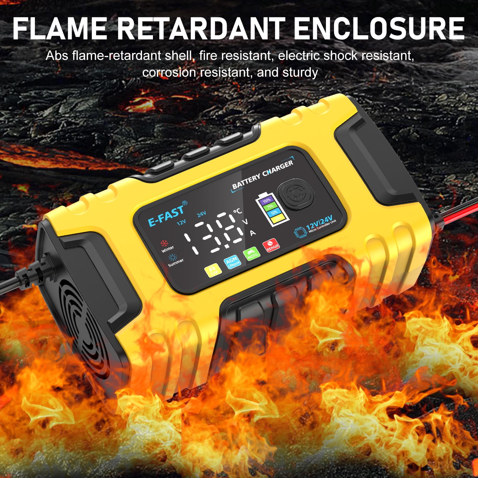 12V 10A 24V 5A Smart Automatic Maintainer Trickle Charger, 7 Stage Lead Acid AGM LiFePO4 Battery Charger for Cars Motorcycles Boats,Yellow