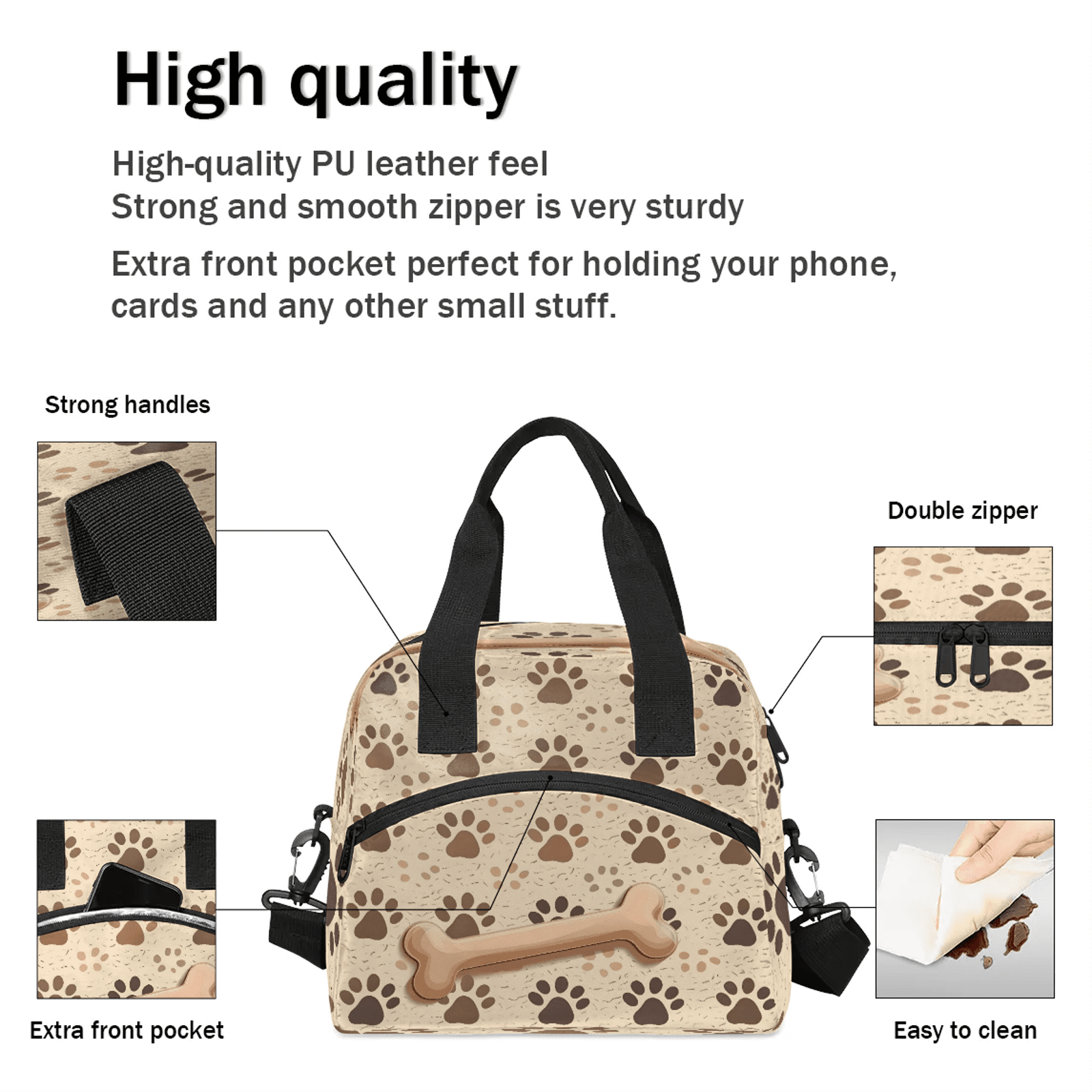 Herdesigns Dog Bones Paw Insulated Lunch Bag for Women Men Adult, Reusable Insulated Cooler Lunch Box Lunch Tote Bag for Work Picnic Beach