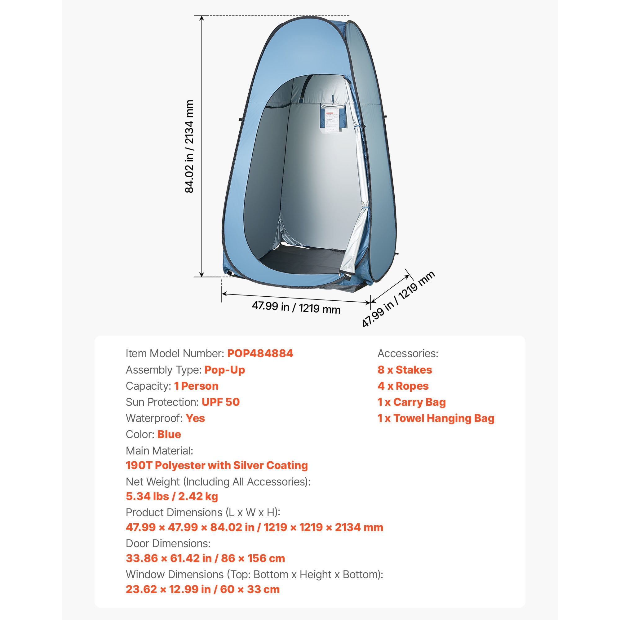 KFFKFF Camping Shower Tent, Instant Setup Changing Room with Storage Bag, Ground Stakes, Ropes, Carry Bag, Durable 190T Polyester with Silver Coating, Ideal for Camping & Outdoor Activities