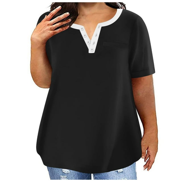 Timegard Plus Size Tops for Women Notched V-Neck Button Short Sleeve Summer Casual Loose Shirts Top