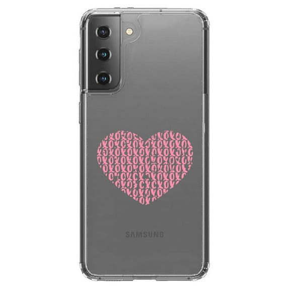 DistinctInk Clear Shockproof Hybrid Case for Galaxy S21 5G (6.2" Screen) - TPU Bumper Acrylic Back Tempered Glass Screen Protector - XOXO Heart Pink