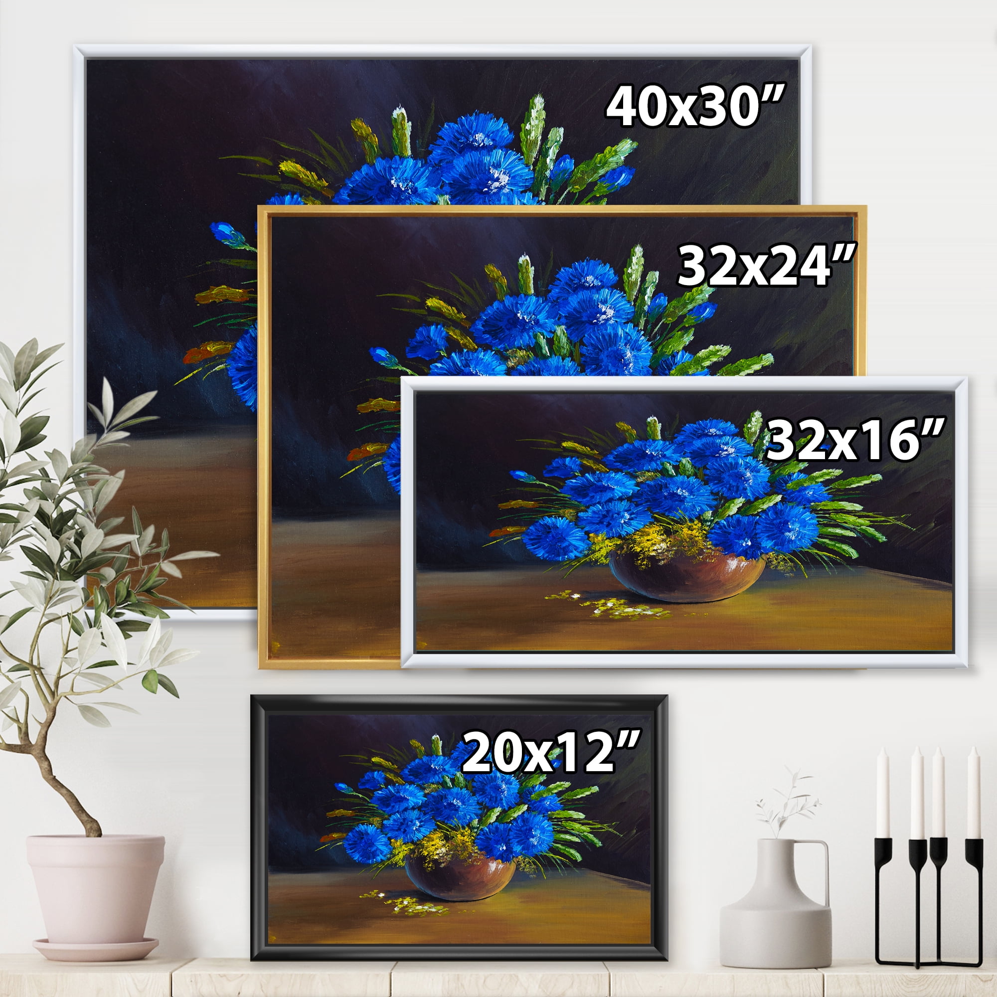 Still Life A Bouquet Of Blue Wildflowers In Vase 32 in x 24 in Framed Painting Canvas Art Print, by Designart