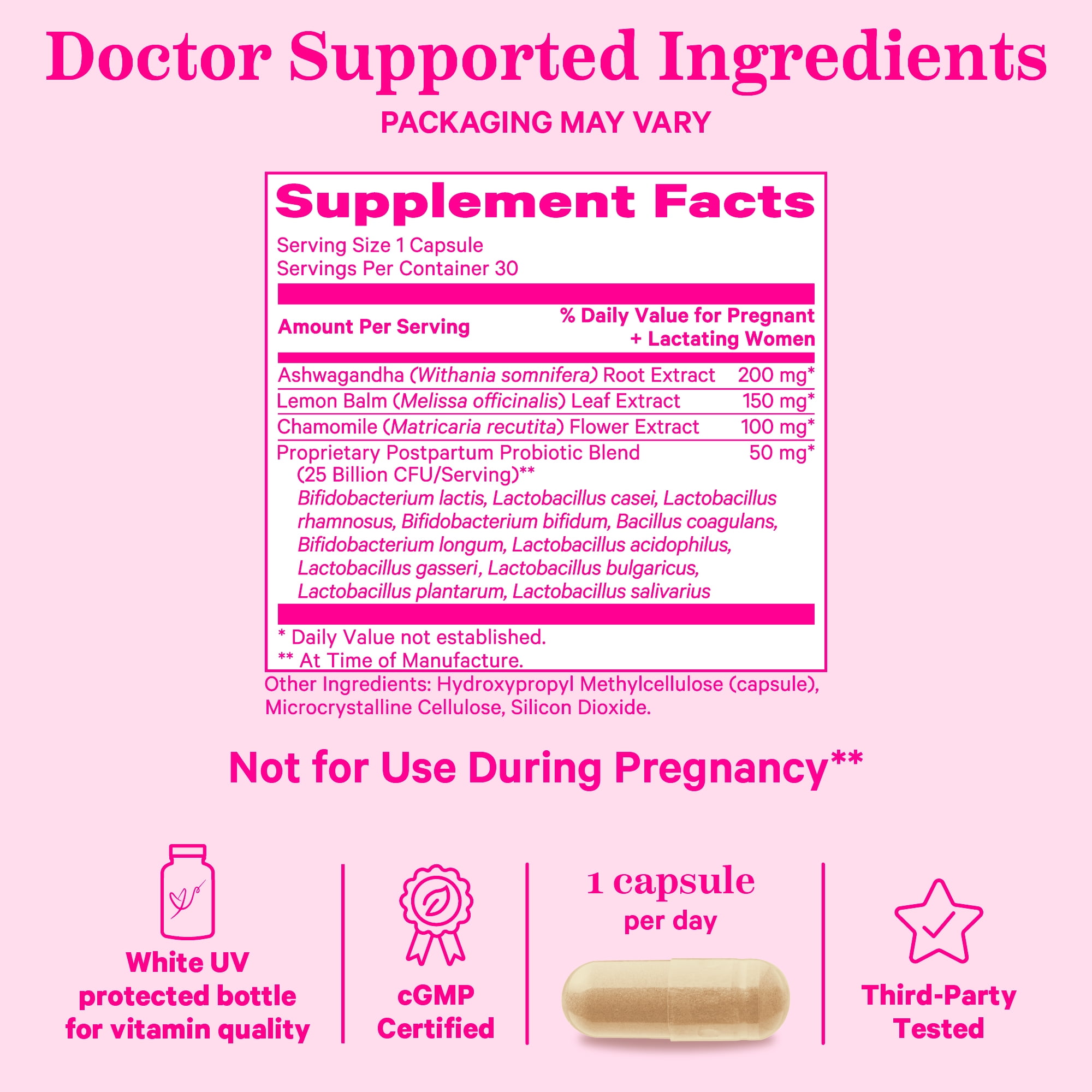 Pink Stork Postpartum Probiotics for Women with Ashwagandha and Chamomile, 30 Capsules