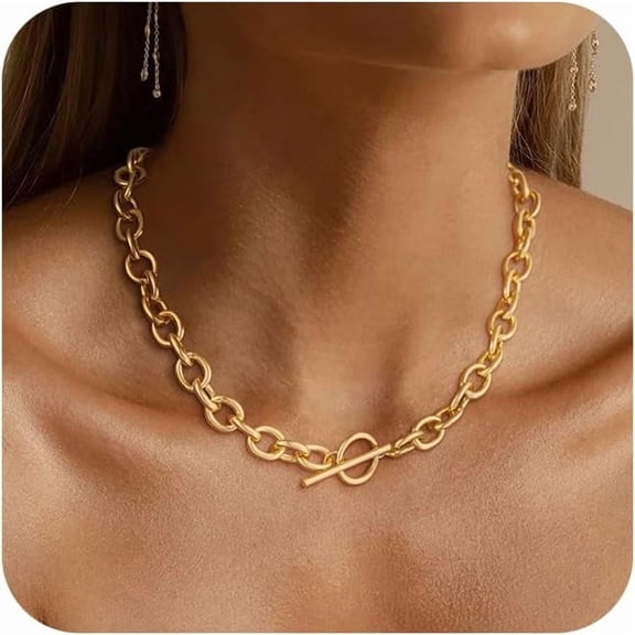 Chunky Gold Chain Necklace for Women, 14K Gold Plated Toggle Clasp Choker, Trendy Link Chain Jewelry Gift