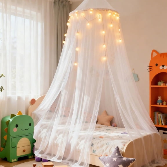 Princess White Bed Canopy with Lights for Girls Bed Net,Princess Canopy for Kids Bed Room Decor (White Lights)