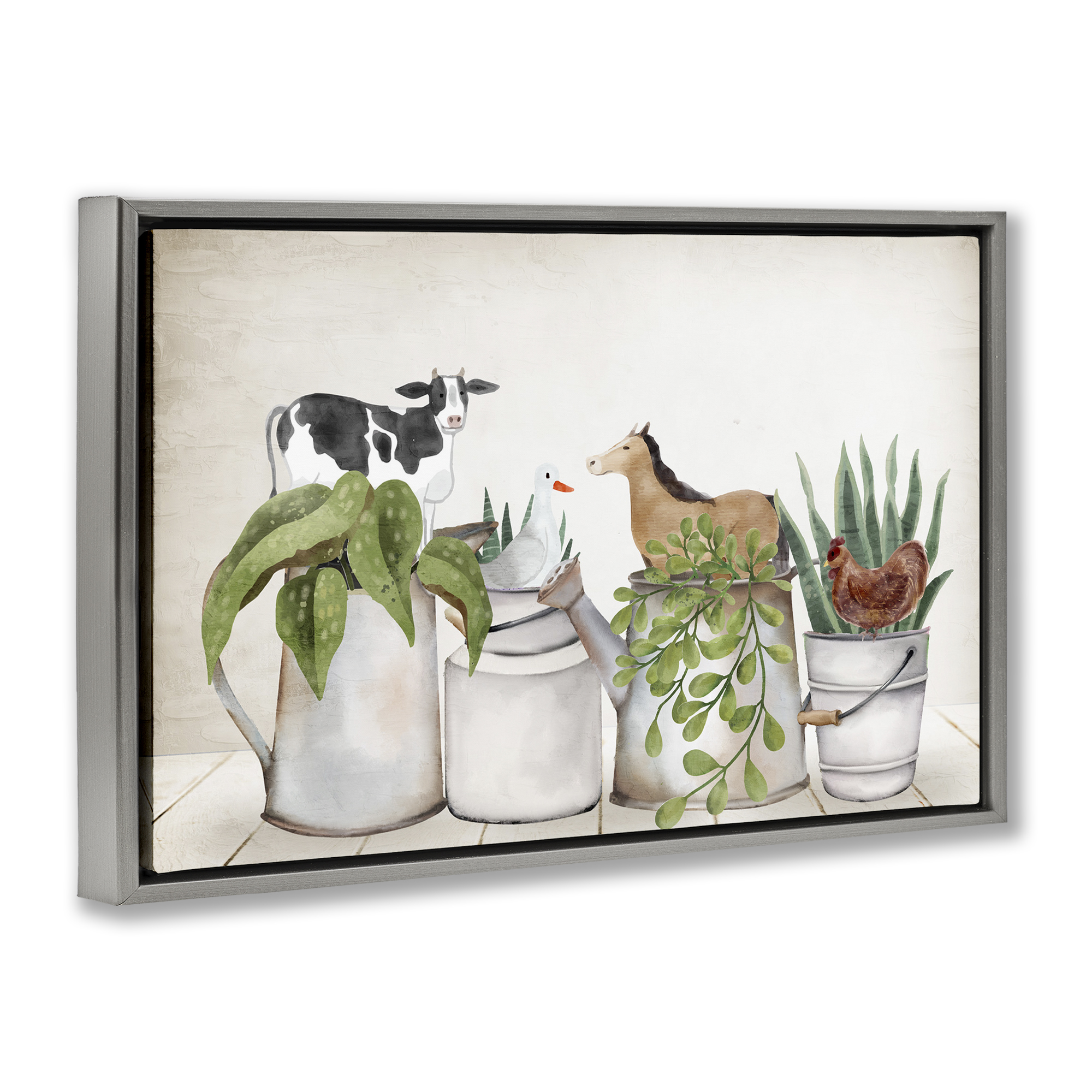 Stupell Industries Tin Farm Animal Plants Botanical & Floral Painting Gray Floater Framed Canvas Art Print Wall Art, 25 x 17