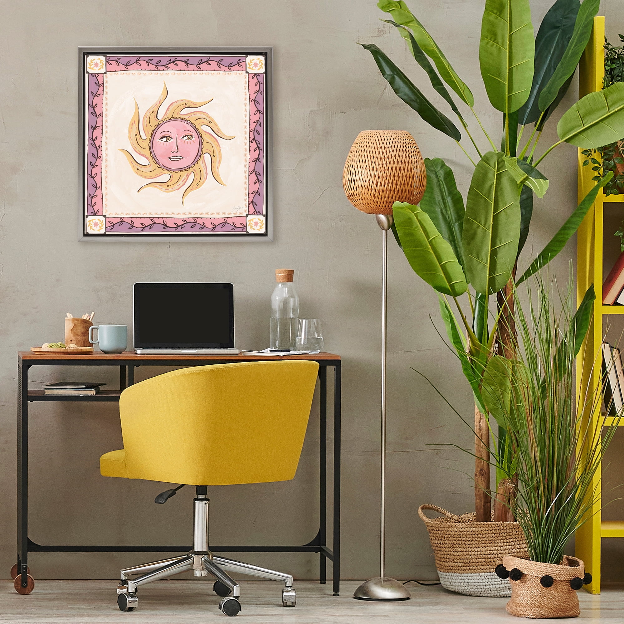 Stupell Industries Pink Sun Face with Leaf Border Gray Framed Floater Canvas Wall Art, design by Two If By Sea Studios
