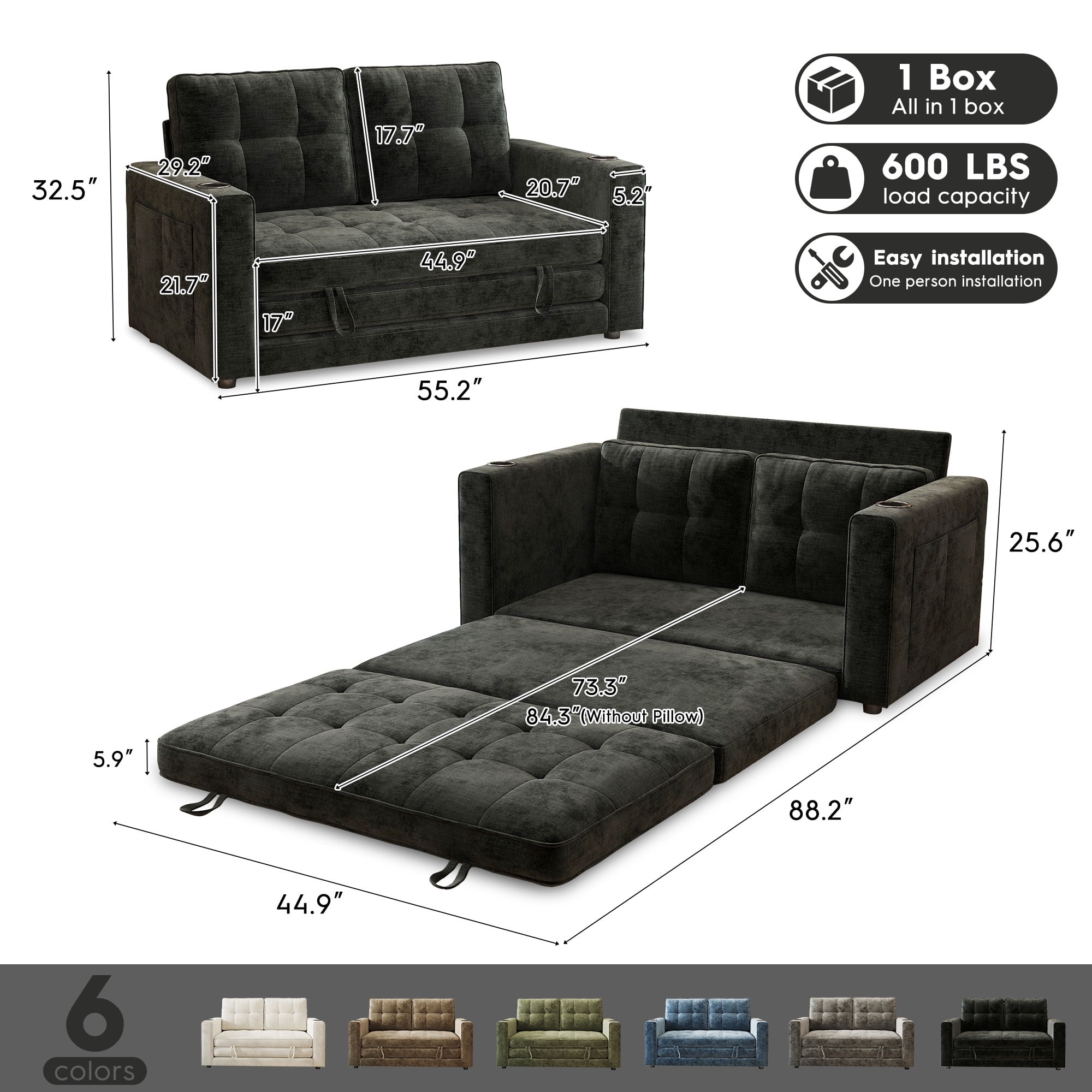 BedLuxury 55" Foldable Loveseat Futon Sofa Bed with Cup Holder & Storage Pocket, Sleeper Couch, Space Saving, Chenille Black