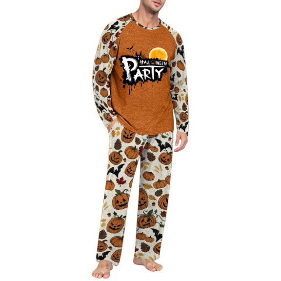 Men's Halloween Pajama Set Long Sleeve Raglan Soft Cotton Loungewear with Letter Print Top & Full Length Pants for Home Night Beige L