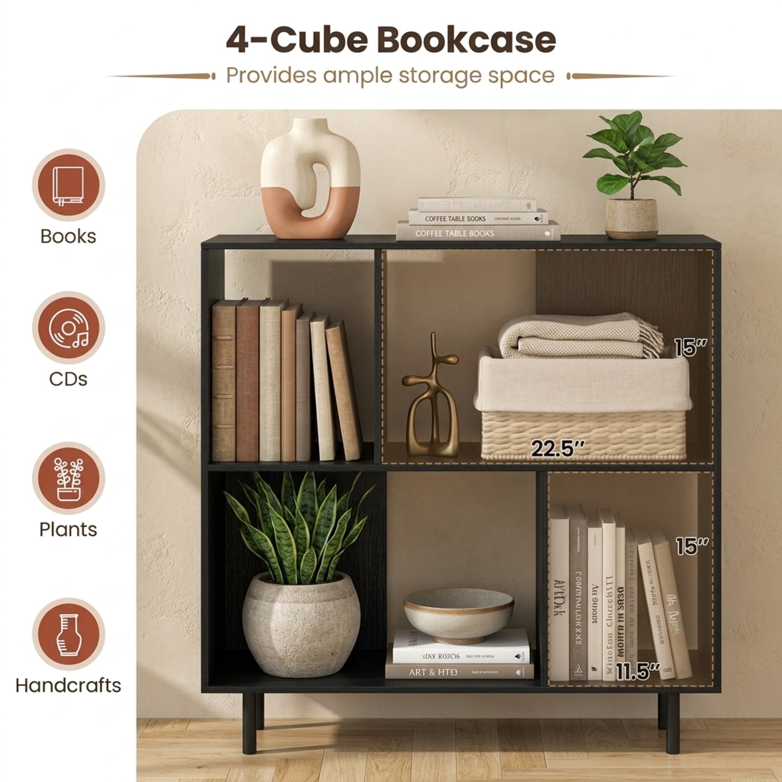 Furnibear Open Shelf Bookcase with 4 Compartments for Living Room Home Office Bedroom Display Storage Shelf, Black