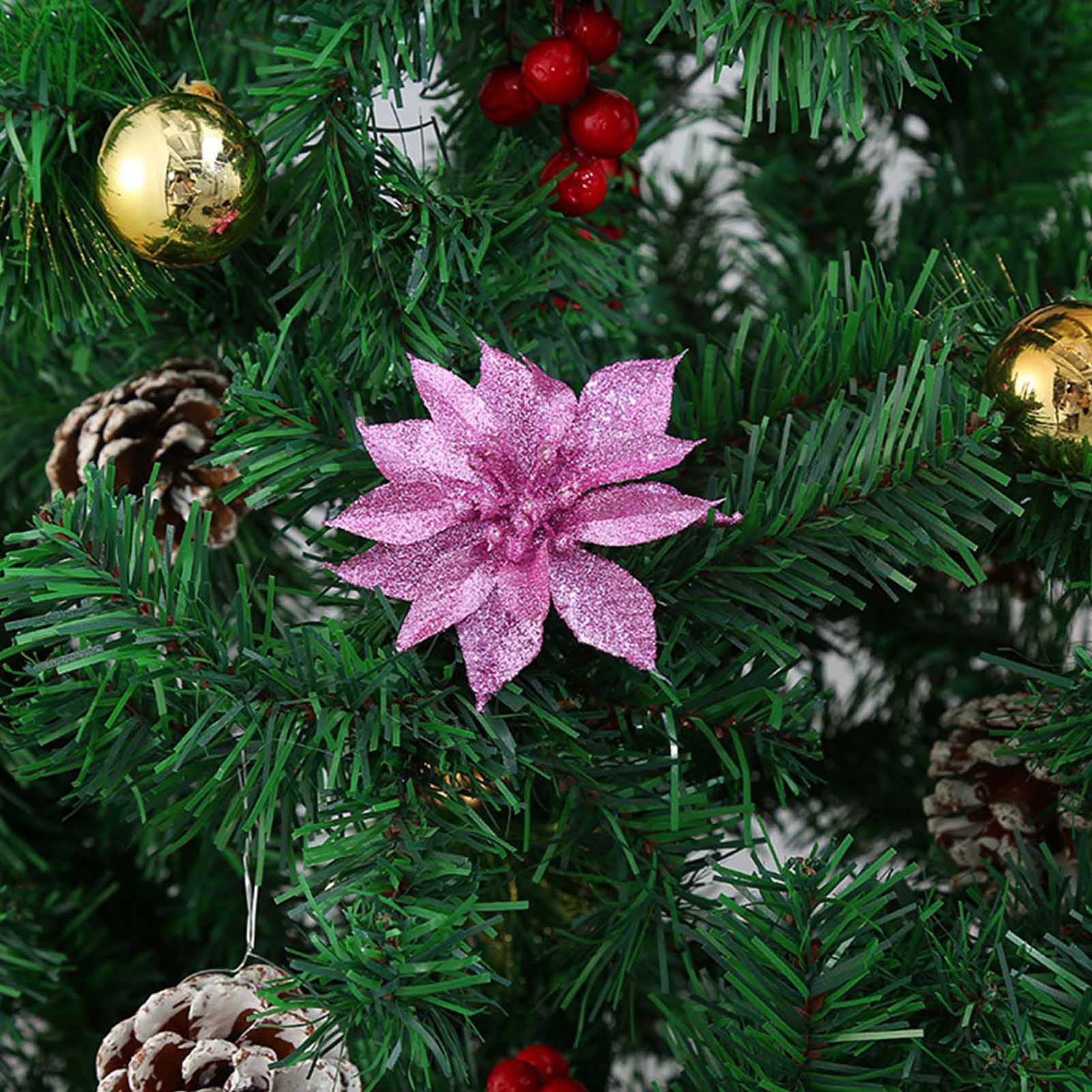 10PCS Christmas Large 7-13CM Poinsettia Glitter Flower Tree Hanging Ornament 