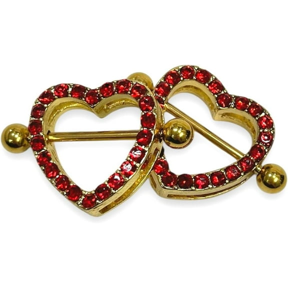 Satix 14G Surgical Steel PVD Gold Nipple Shield Rings Paved Crystal Red CZ Heart Nipple Ring Barbell Bar Piercing Jewelry 15mm 5/8 Inch