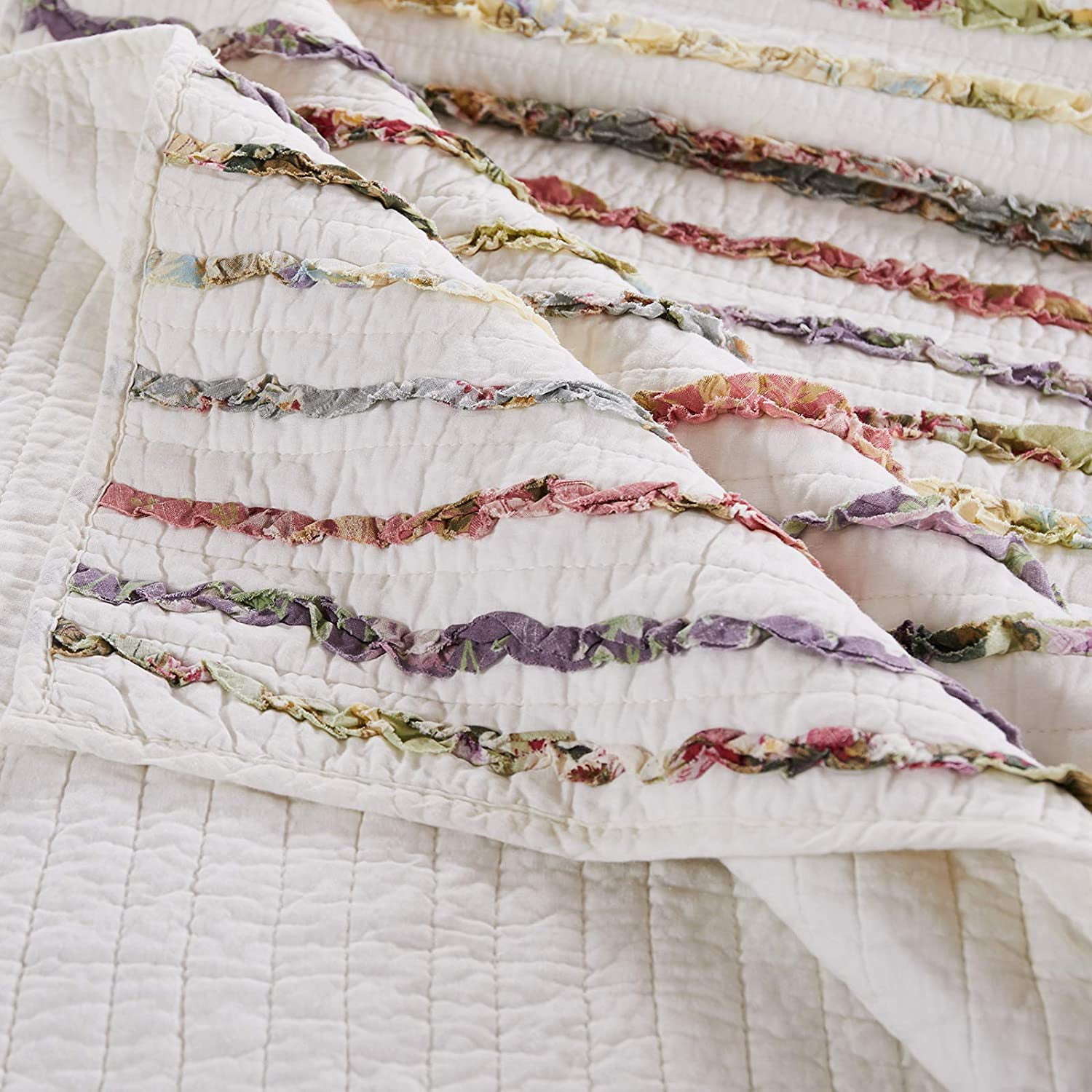 Greenland Home Fashions Bella Ruffle 100% Cotton Quilt and Decorative Pillow Set, 3 Piece Full/Queen