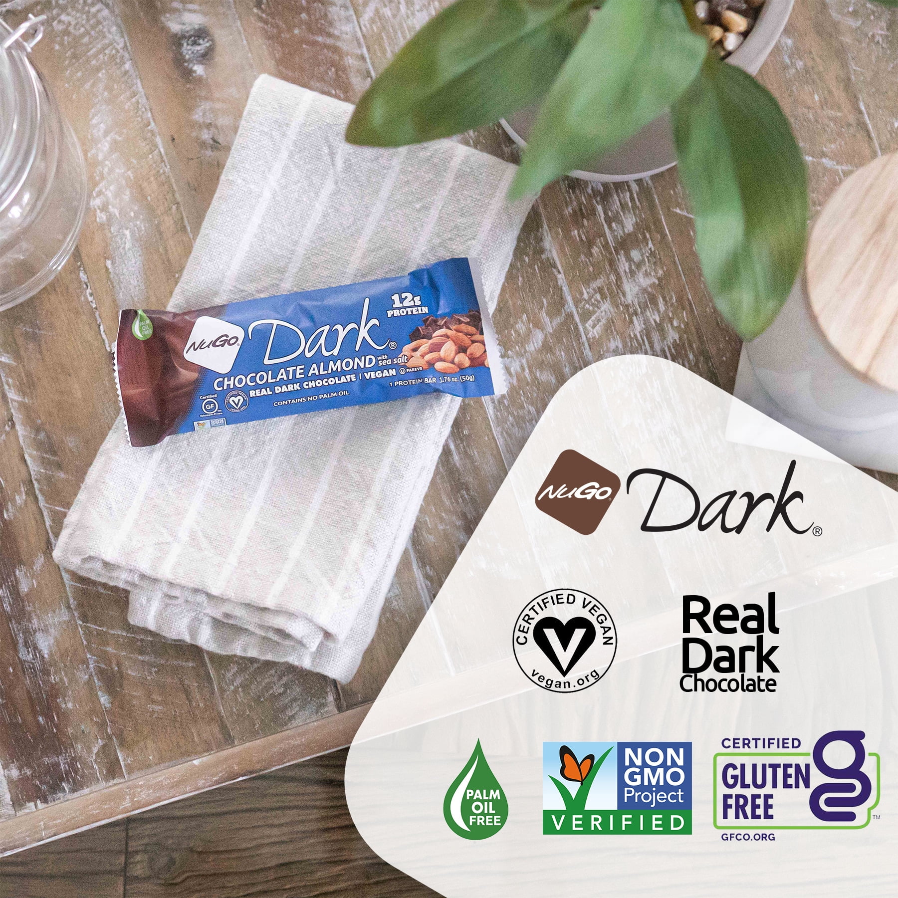 NuGo Dark Chocolate Almond with Sea Salt, 12g Protein, Vegan, Gluten Free, Kosher Pareve, 24 Count