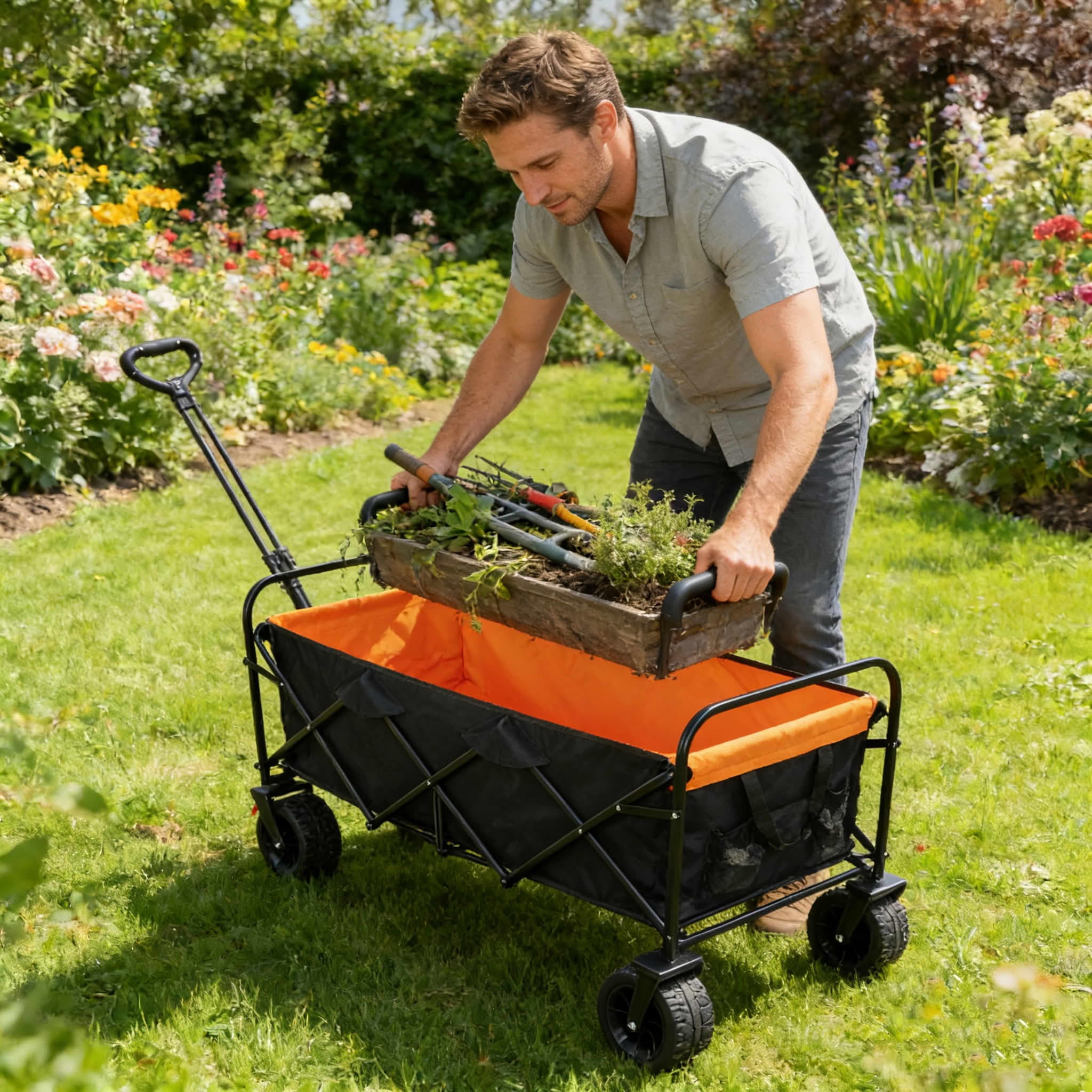 MAYEERTY Large Capacity Folding Wagon Cart, 150LBS Extender Brake Wheels, Black Orange for Garden Beach Shopping