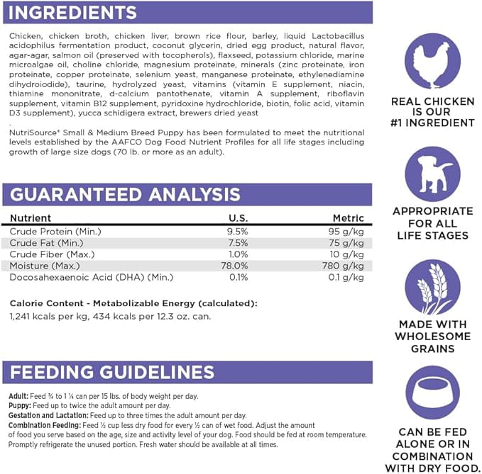 NutriSource Chicken & Rice Small & Medium Breed Puppy Food, Premium Wet Dog Food, 12.3 Ounce (Pack of 12)