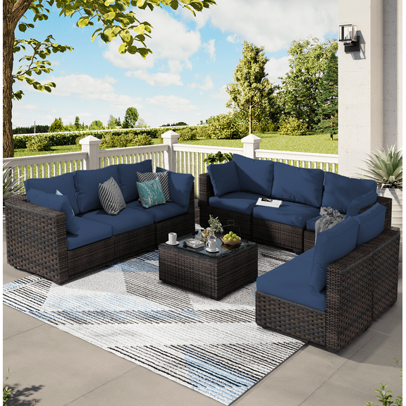 TANGJEAMER 9 Piece Patio Furniture Set, All Weather Outdoor Sectional PE Rattan, Patio Conversation Sets with Cushions and Glass Coffee Table for Garden Lawn Balcony Porch Deck, Blue