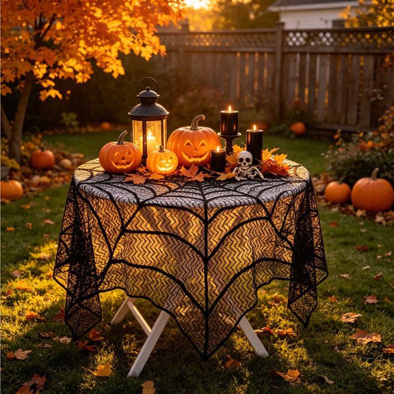 Spider Web Fabric Tablecloth, Halloween Lace Sheer Table Cover, Spooky Gothic Table Linen for Dining Table Kitchen Living Room Halloween Theme Party Home Decoration, Black2