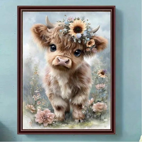 Cute Highland Cow with Sunflower Flower Crown Canvas Wall Art, Baby Cow Floral Pastel Farm Animal Poster Print, Rustic Country Nursery Wall Decor