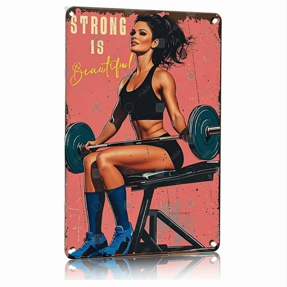 Strong Is Beautiful Vintage Weight lifting Metal Poster Motivational Gym Wall Art for Women 8x12 Inch Aluminum Sign Home Fitness Decor Workout Room Inspiration Strength Training Female Athlete