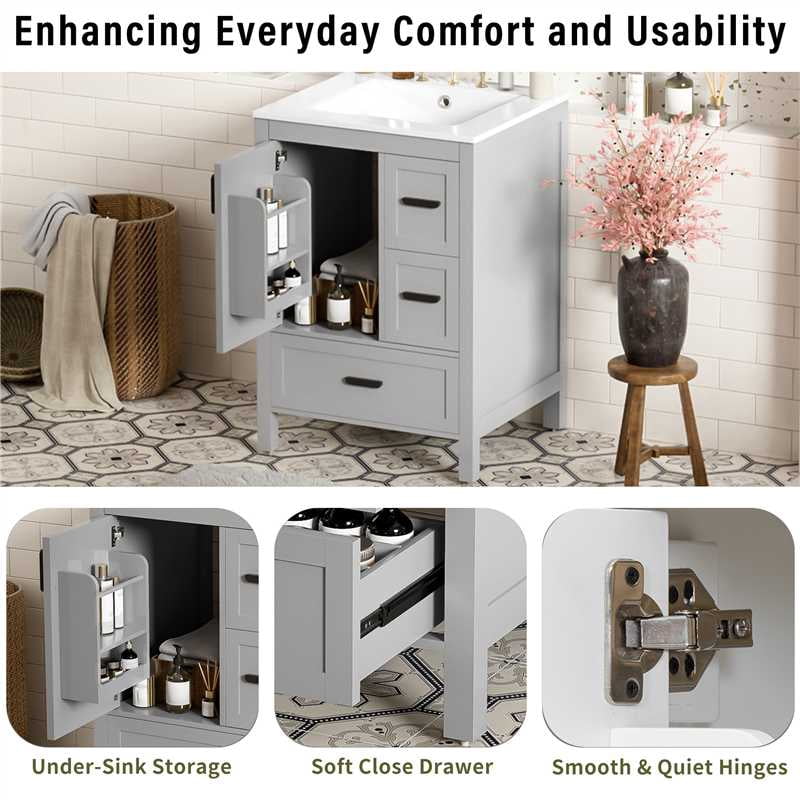 Euroco Modern 24-inch Bathroom Vanity with Ceramic Sink, Soft-Close Door, Double-Layer Door Shelf, and 3 Drawers