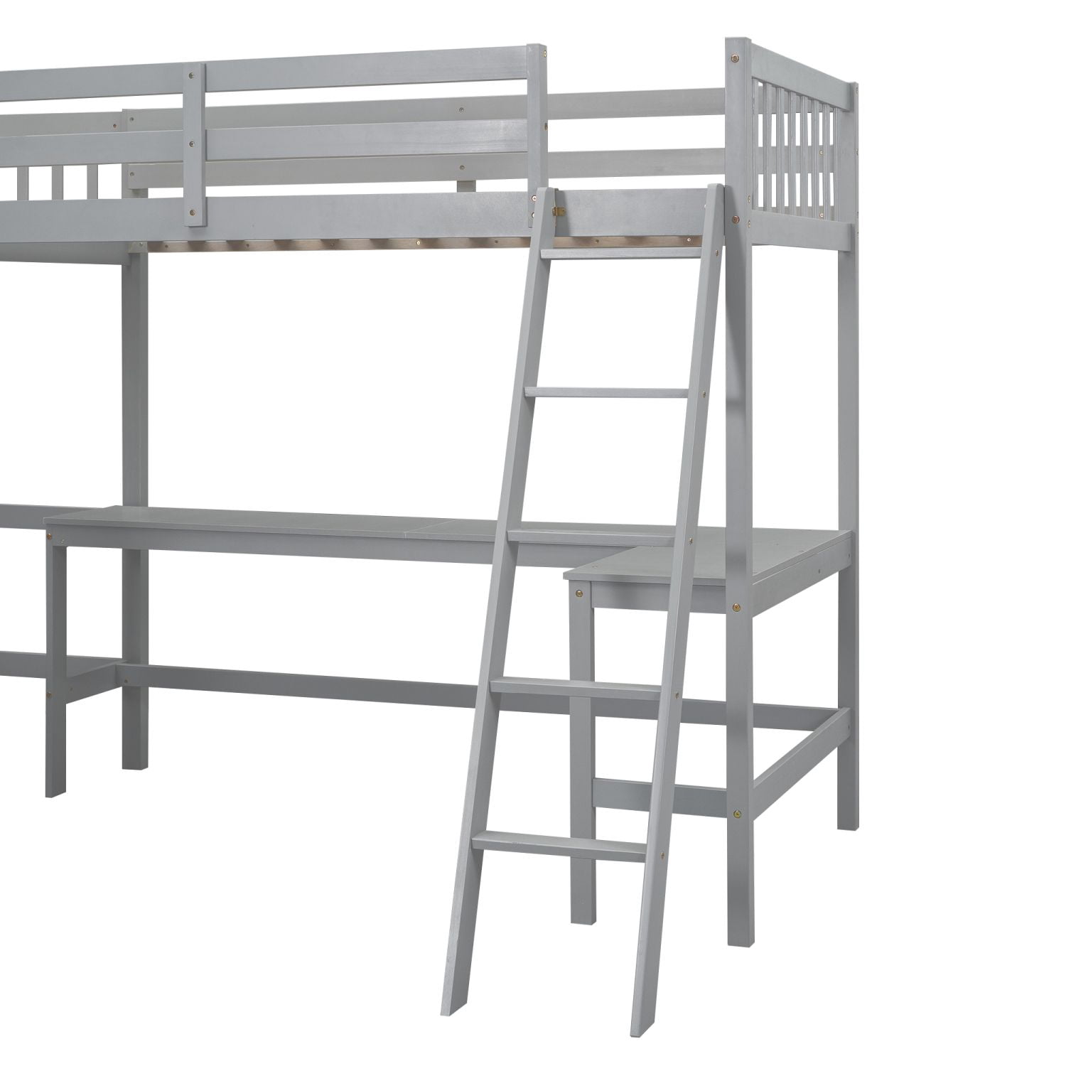 Asteroutdoor Wood Twin Size L-Shaped Loft Bed with Ladder and 2 Built-in L-Shaped Desks, Gray