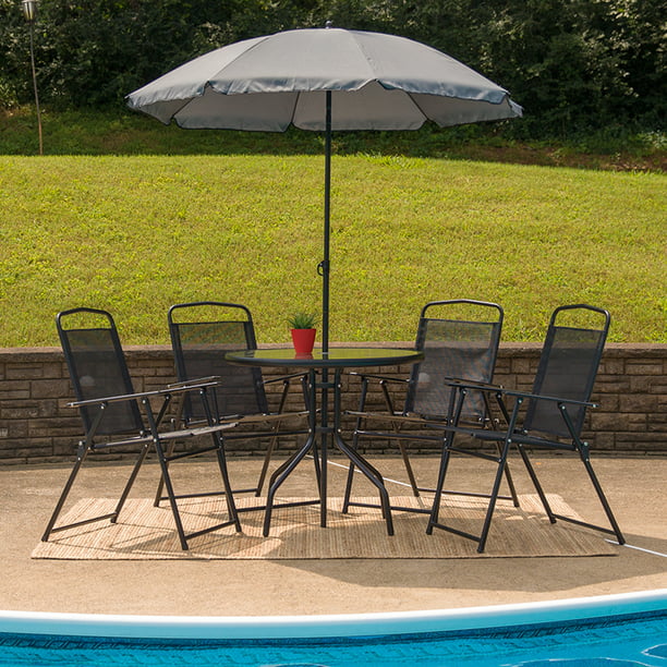6 Piece Black Patio Garden Set With Umbrella Table And Of 4 Folding Chairs Com - Black Rattan Patio Set With Parasol Rack