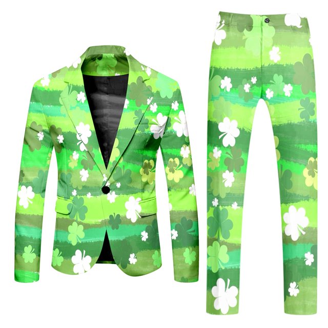 Male Long Sleeve Coat And Pants Two Piece Suit Printed Button And Multi Pockets Suit For Holiday Party Events Men'S Suits Green M